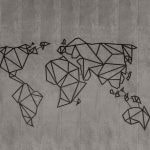 A geometric world map in black and beige.