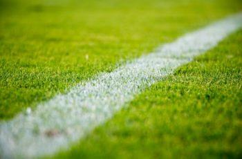 A close up shot of a field or pitch used for playing sports, with a white line prominently spray painted onto the green grass.