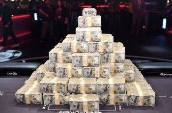 A pile of cash awaits a tournament winner at the World Series of Poker.