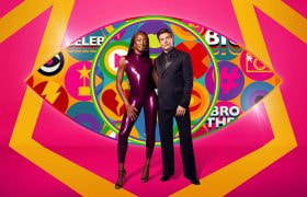 AJ Odudu and Will Best standing before the 2024 Celebrity Big Brother logo.