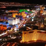 An aerial nighttime view of the Las Vegas Strip.