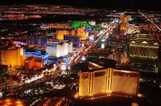 An aerial nighttime view of the Las Vegas Strip.
