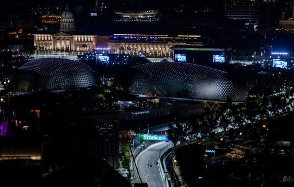 Singapore’s Formula 1 circuit seen from above after dark.