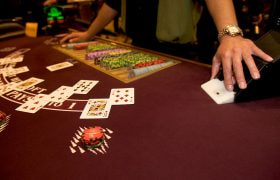 Action at a live casino blackjack table.  