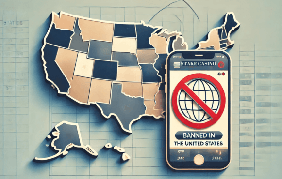 A mobile phone with Stake Casino and the US map on background.