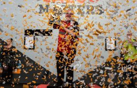 Stephen Bunting Shows off His 2024 Masters Trophy.