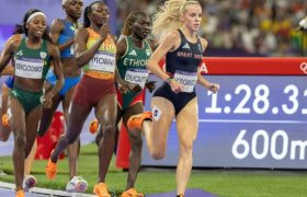Keely Hodgkinson leads the field in the Women's 800m final at the 2024 Olympic Games in Paris.