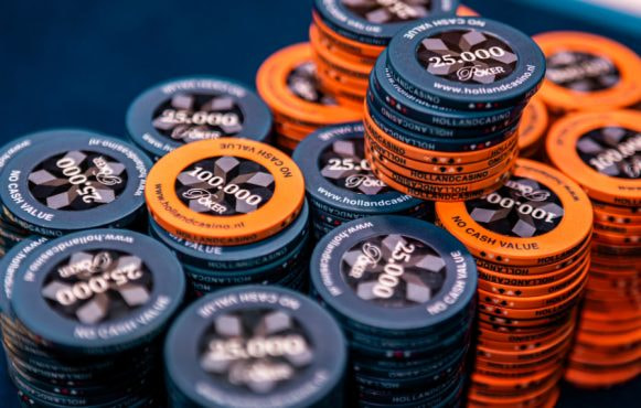 Several stacks of tournament poker chips.