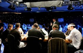 Players compete at the final table of the 2005 World Series of Poker Main Event.