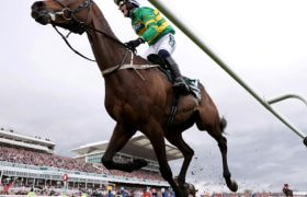 Jockey Paul Townend celebrates riding I Am Maximus to 2024 Grand national victory.