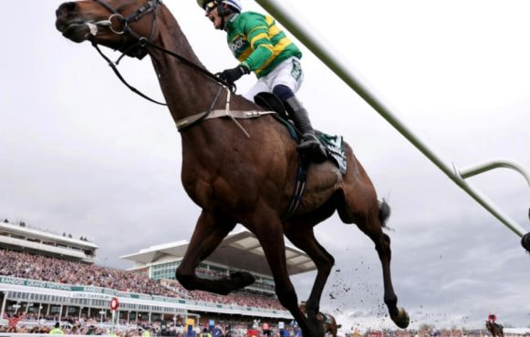Jockey Paul Townend celebrates riding I Am Maximus to 2024 Grand national victory.
