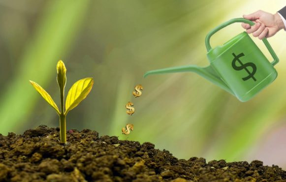 A Watering Can with a Dollar Sign and a Flower
