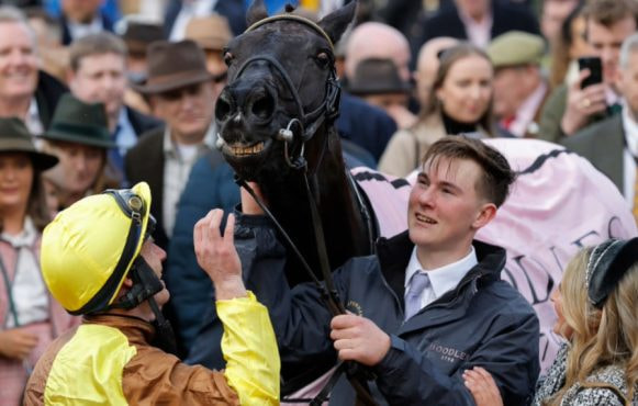 Paul Townend celebrates Gold Cup victory with Galopin Des Champs in 2024.