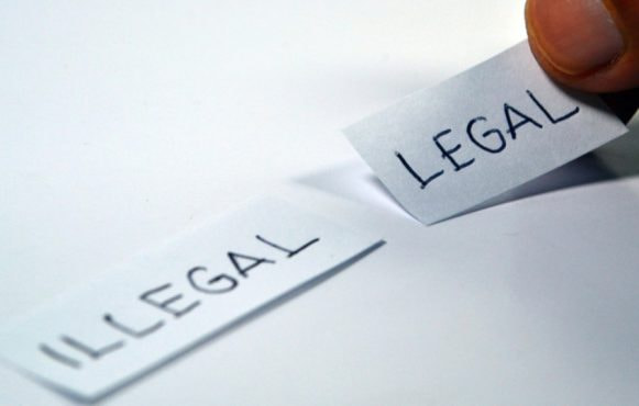 A Person Holding Two Pieces of Paper with Legal and Illegal Words