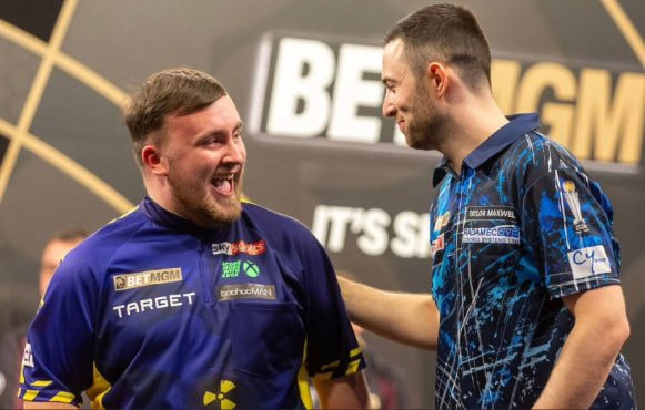 Luke Humphries and Luke Littler on a darts stage.