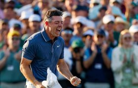 Rory McIlroy Celebrates His 2025 Masters Winning Put.
