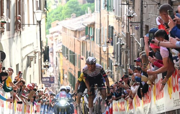 Isaac Del Toro, of UAE Team Emirates, in action during Stage 9 of the 2025 Giro d'Italia.