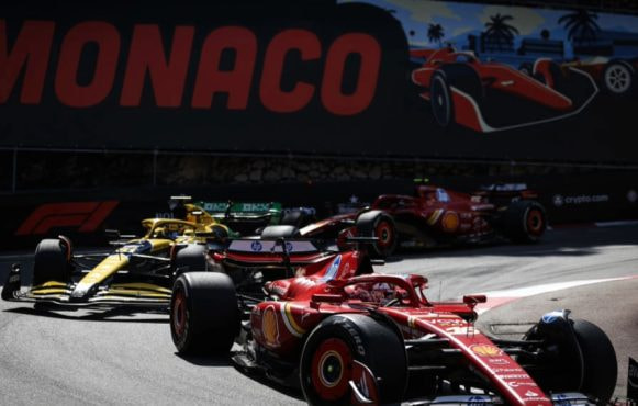 Charles Leclerc leads Oscar Piastri in the 2024 Monaco Grand Prix.