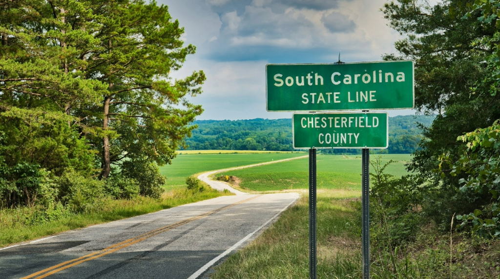 South Carolina County Line sign in idyllic countryside.