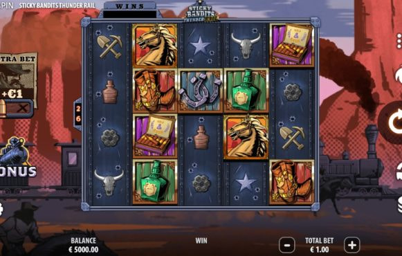 Screenshot from the New Sticky Bandits Thunder Rail Slot by Quickspin