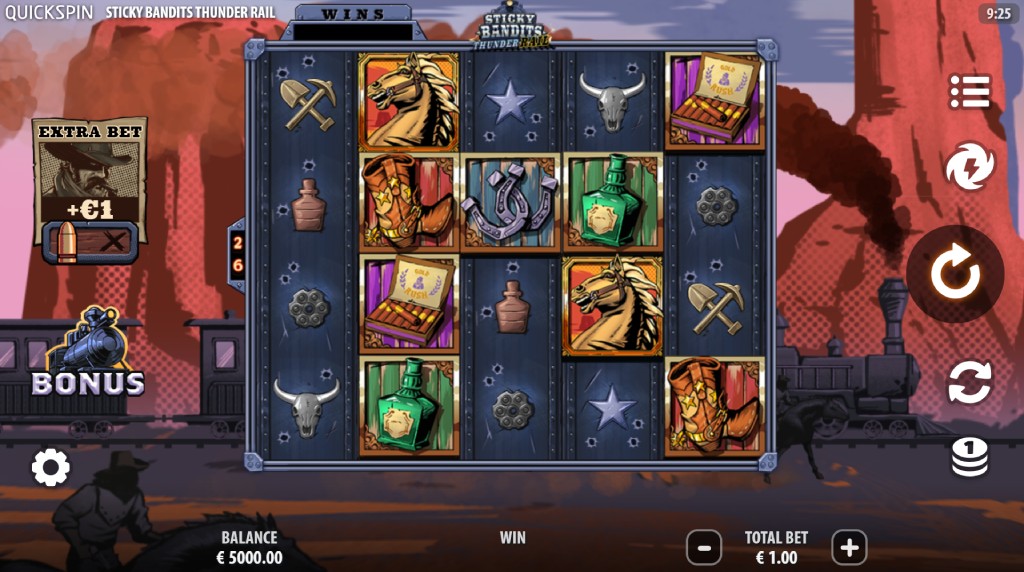 Screenshot from the New Sticky Bandits Thunder Rail Slot by Quickspin
