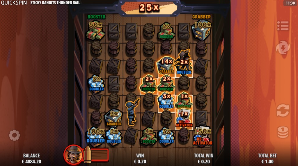 Screenshot of the Train Heist Bonus Game of Sticky Bandits Thunder Rail