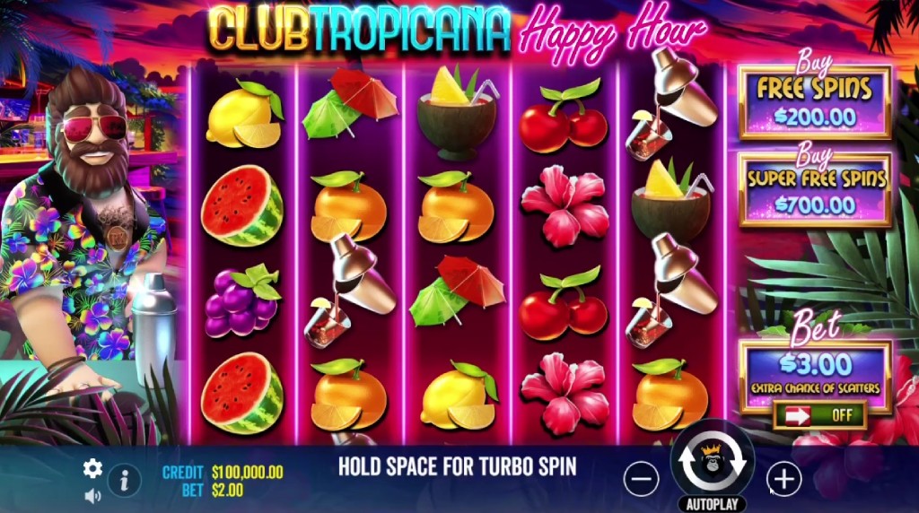 Screenshot from the New Club Tropicana Happy Hour Slot by Pragmatic Play