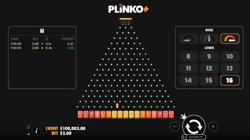 Screenshot of Plinko+ with 16 Lines at High Risk Level
