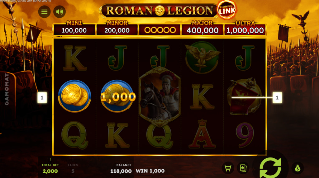 Screenshot from the New Roman Legion Flaming Link Slot by GAMOMAT