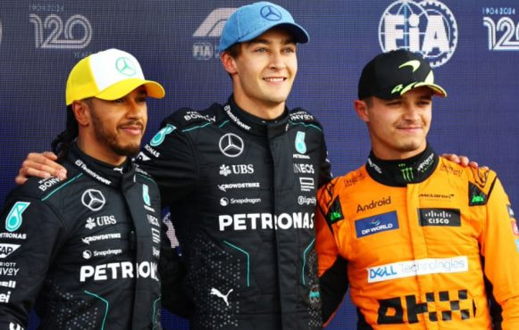 George Russell, Lewis Hamilton and Lando Norris at the 2024 British Grand Prix