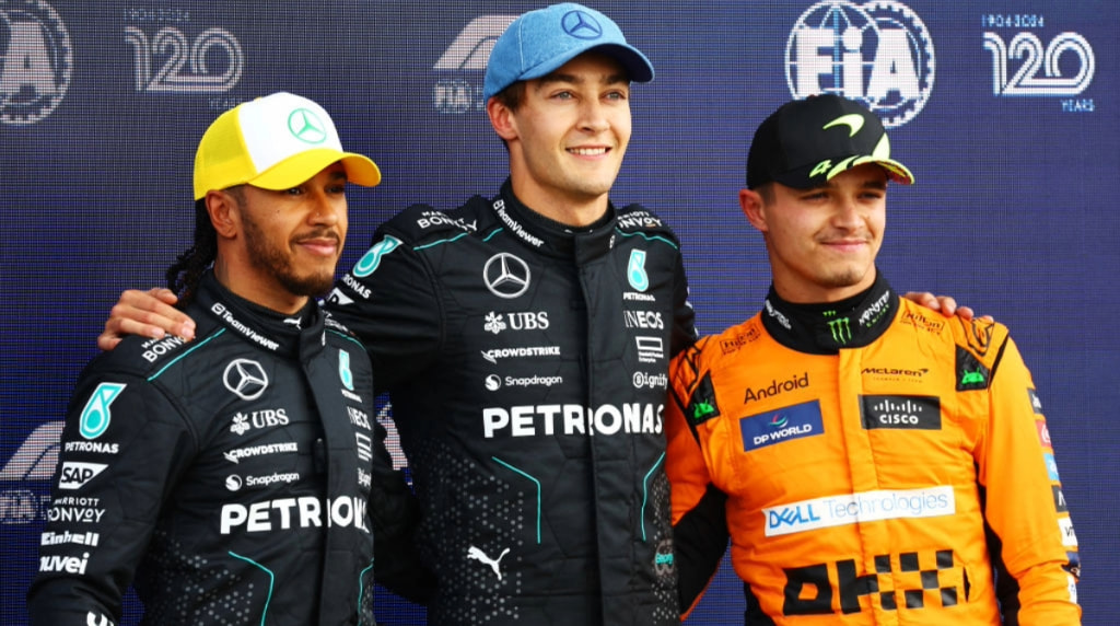 George Russell, Lewis Hamilton and Lando Norris at the 2024 British Grand Prix