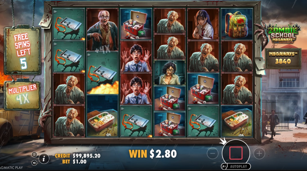 Screenshot of the Free Spins Round of Zombie School Megaways
