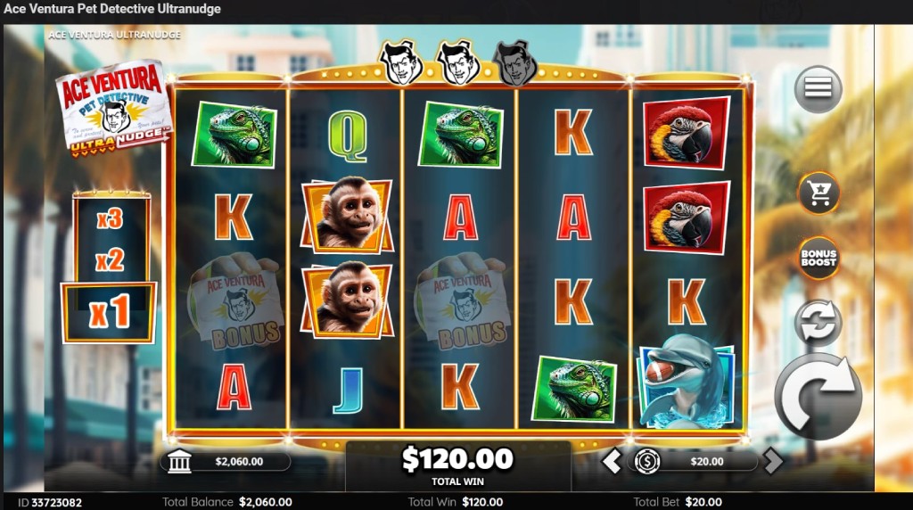 Screenshot from the New Ace Ventura Pet Detective Ultranudge Slot by Atlantic Digital