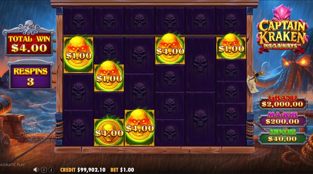 Screenshot of the Respin Feature of Captain Kraken Megaways