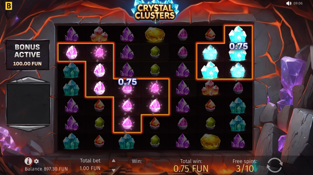 Screenshot of the Free Spins Feature of Crystal Clusters