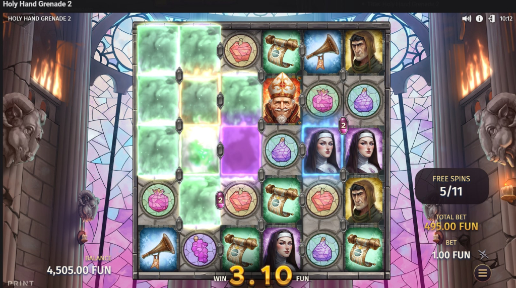 Screenshot of the free spins bonus round of Holy Hand Grenade 2