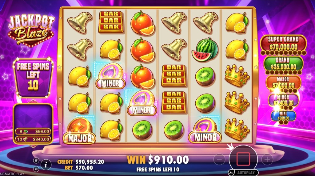 Screenshot of the Free Spins Round of Pragmatic Play’s Jackpot Blaze