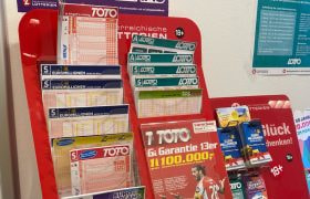 Lottery tickets on display in an Austrian retail shop.