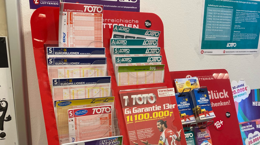 Lottery tickets on display in an Austrian retail shop.