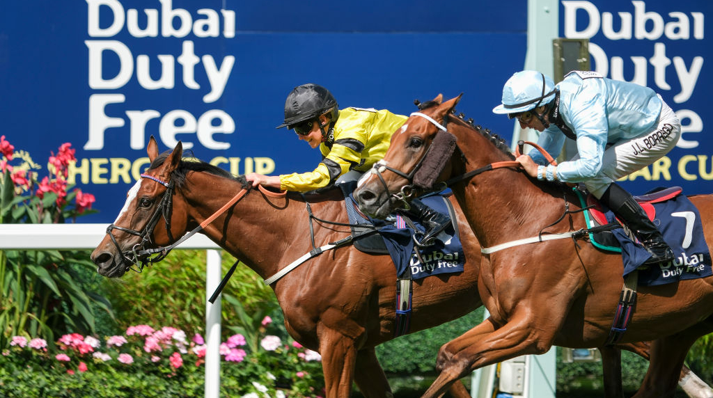 Rachel King riding Insanity to win at the 2024 The Dubai Duty Free Shergar Cup Challenge.