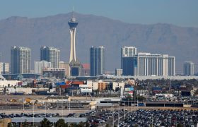 The Strat Hotel & Casino stands above other hotels and condominiums on the Las Vegas Strip in Las Vegas.