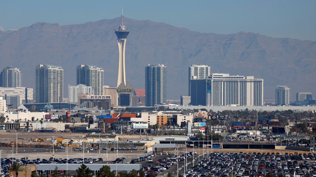 The Strat Hotel & Casino stands above other hotels and condominiums on the Las Vegas Strip in Las Vegas.