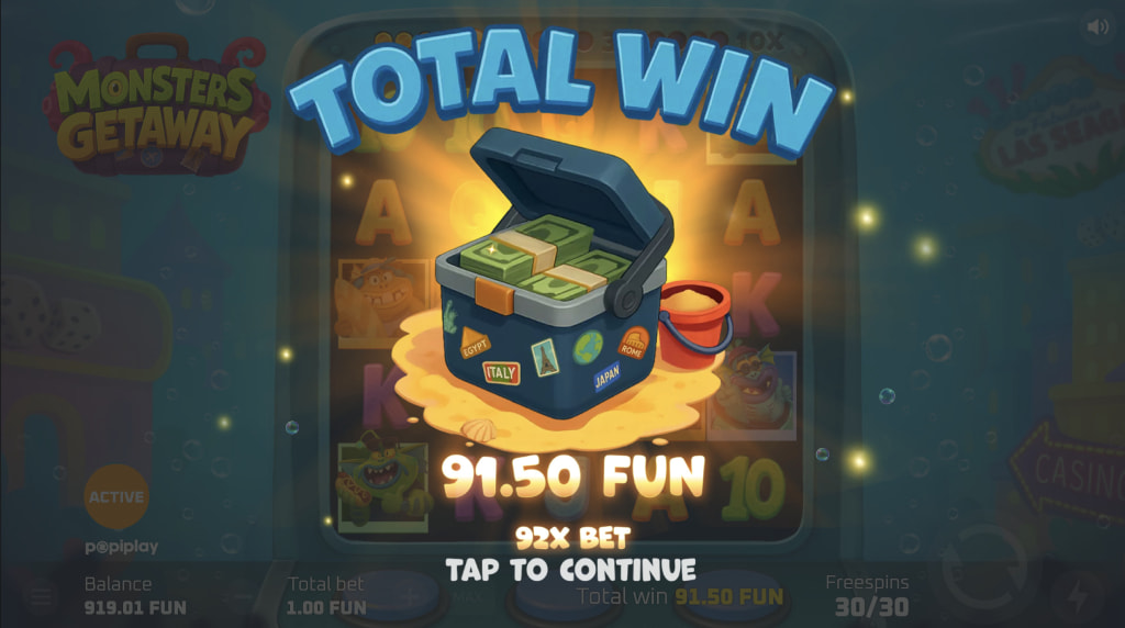 Skärmbild av vinst från bonusspelet i Monsters Getaway