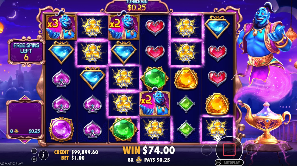 Screenshot of the Free Spins Feature of Genie's Gem Bonanza