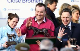 Rachael Blackmore, trainer Henry De Bromhead and Owner Kenny Alexander after success at the 2023 Cheltenham Festival.