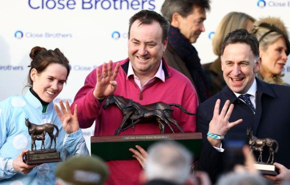 Rachael Blackmore, trainer Henry De Bromhead and Owner Kenny Alexander after success at the 2023 Cheltenham Festival.
