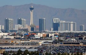 The Strat Hotel & Casino stands above other hotels and condominiums on the Las Vegas Strip.