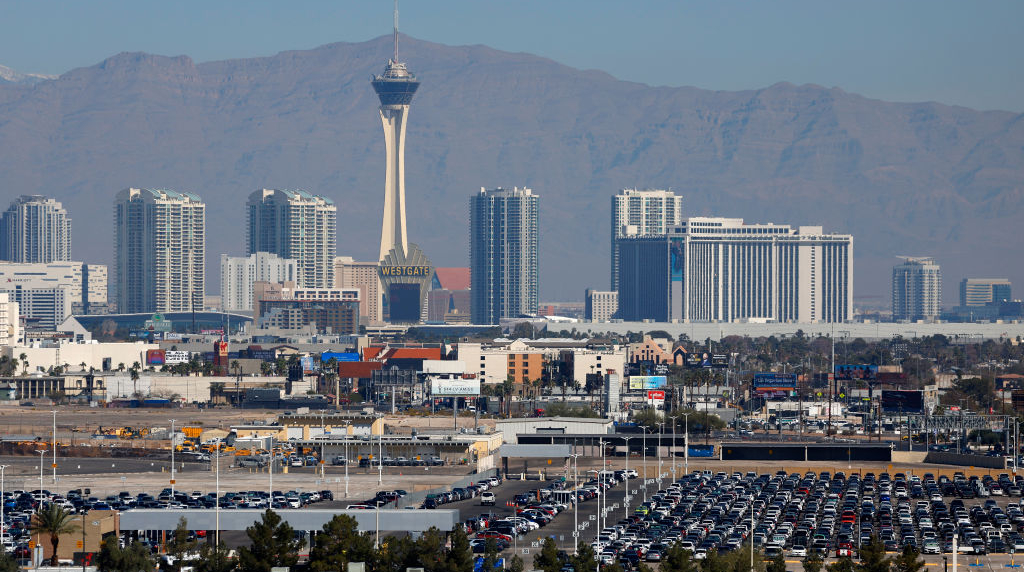 The Strat Hotel & Casino stands above other hotels and condominiums on the Las Vegas Strip.