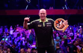 Michael van Gerwen Shows off His 2025 World Series of Darts Finals Trophy.
