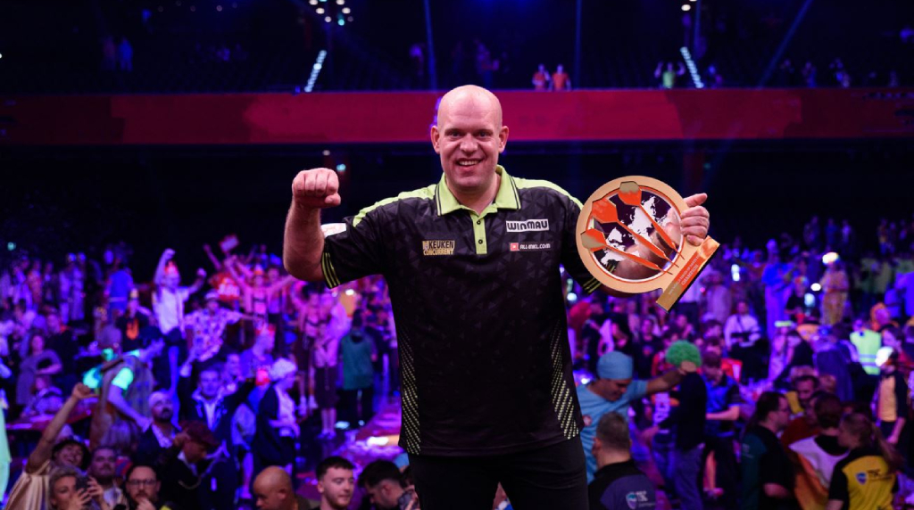 Michael van Gerwen Shows off His 2025 World Series of Darts Finals Trophy.
